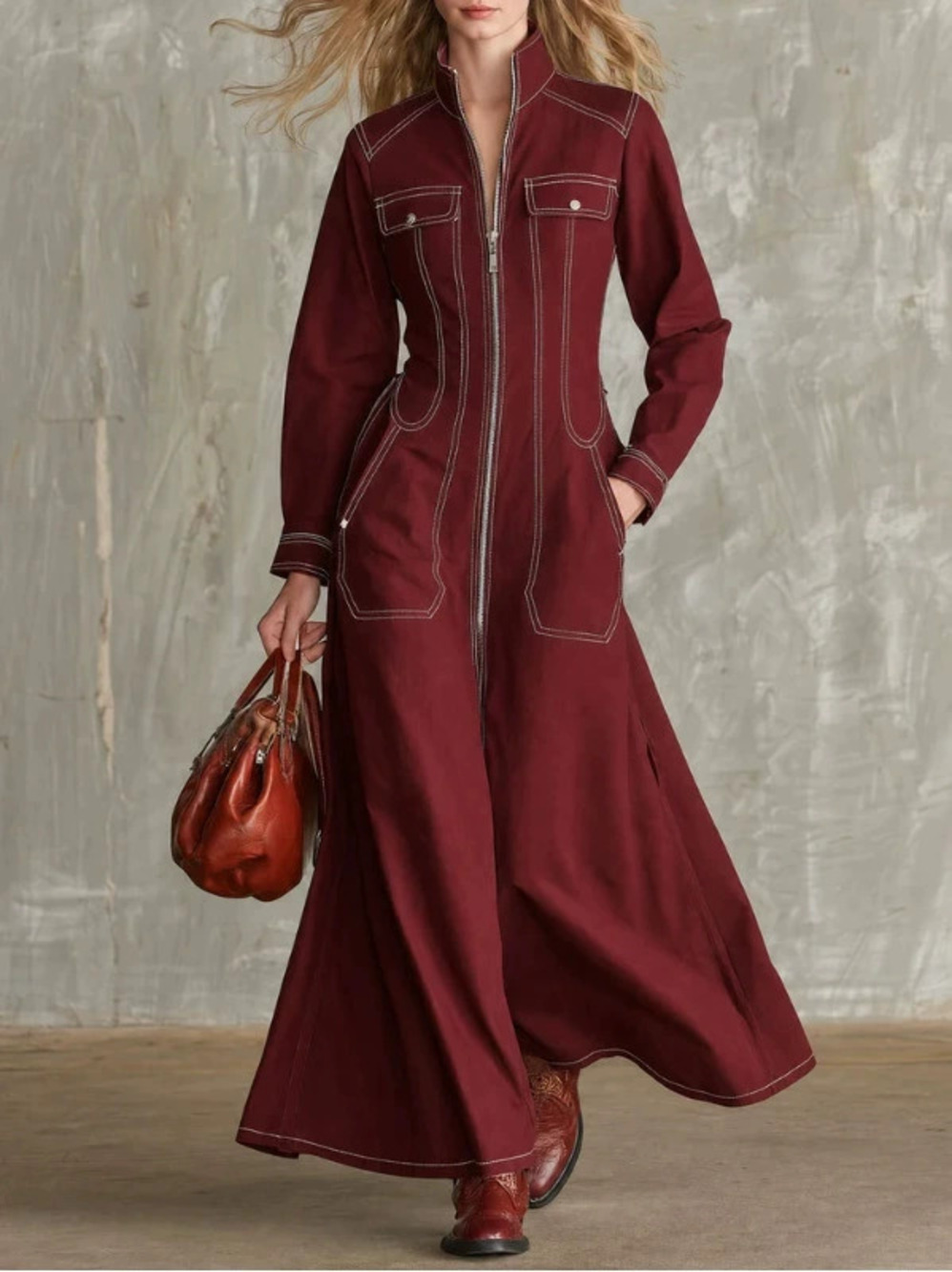 H&M   Retro Casual Stand Collar Zip Up Long Dress